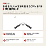 Titanium Strength B03 Balance Press Down Bar mit 4 Merkmalen: V-Form für das Trizepsdrücken, Massive Stahlstangen verchromt, Gummigriffe für festen Halt, Drehgelenk mit 360°-Drehung