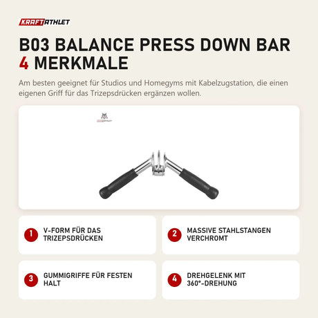 Titanium Strength B03 Balance Press Down Bar mit 4 Merkmalen: V-Form für das Trizepsdrücken, Massive Stahlstangen verchromt, Gummigriffe für festen Halt, Drehgelenk mit 360°-Drehung
