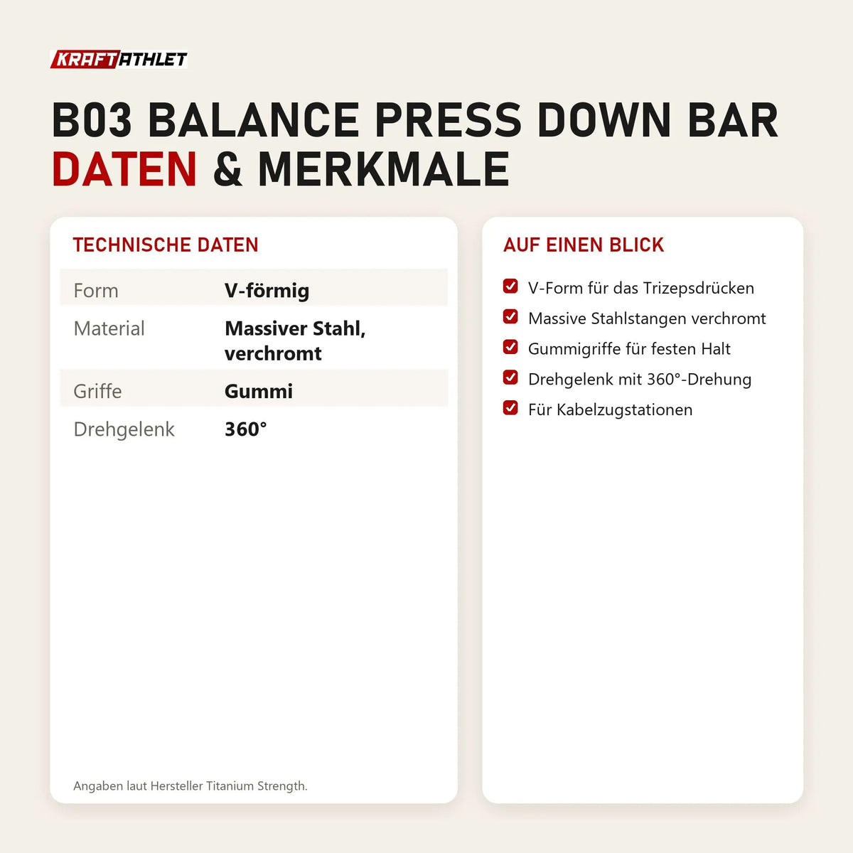 Technische Daten und Merkmale von Titanium Strength B03 Balance Press Down Bar als Tabelle
