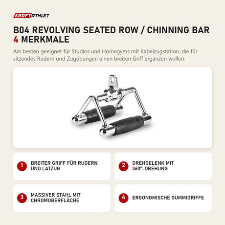 Titanium Strength B04 Revolving Seated Row / Chinning Bar mit 4 Merkmalen: Breiter Griff für Rudern und Latzug, Drehgelenk mit 360°-Drehung, Massiver Stahl mit Chromoberfläche, Ergonomische Gummigriffe