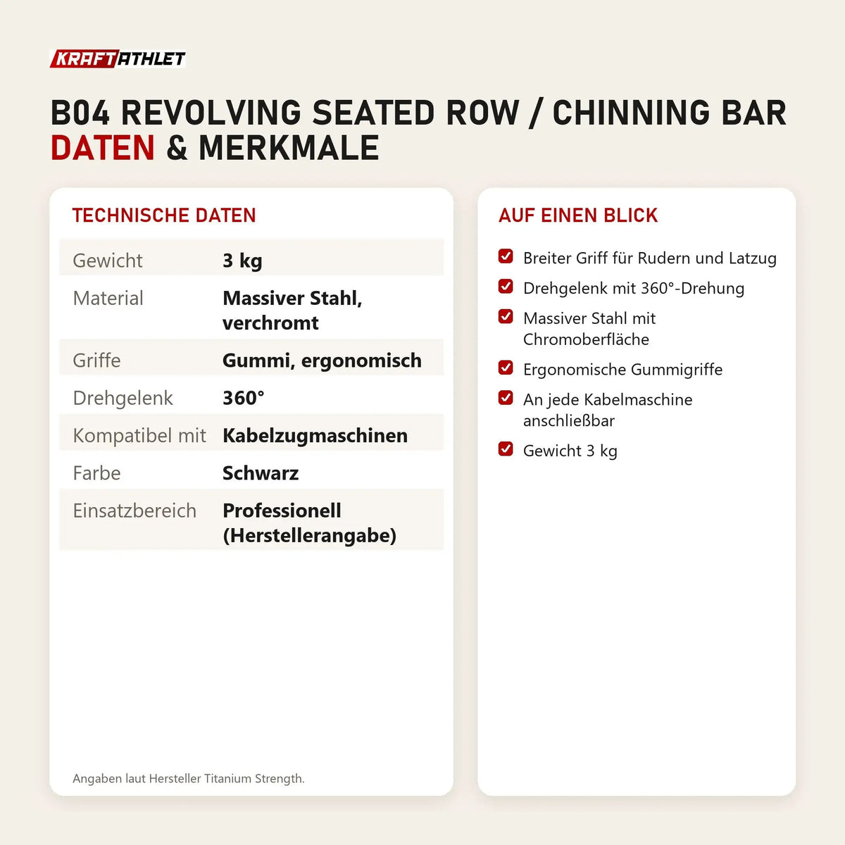 Technische Daten und Merkmale von Titanium Strength B04 Revolving Seated Row / Chinning Bar als Tabelle
