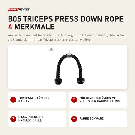 Titanium Strength B05 Triceps Press Down Rope mit 4 Merkmalen: Trizepsseil für den Kabelzug, Für Trizepsdrücken mit neutraler Handstellung, Einsatzbereich professionell, Farbe Schwarz