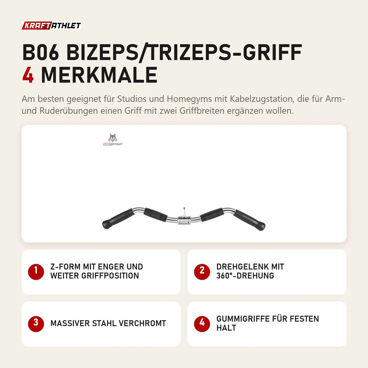 Titanium Strength B06 Bizeps/Trizeps-Griff mit 4 Merkmalen: Z-Form mit enger und weiter Griffposition, Drehgelenk mit 360°-Drehung, Massiver Stahl verchromt, Gummigriffe für festen Halt
