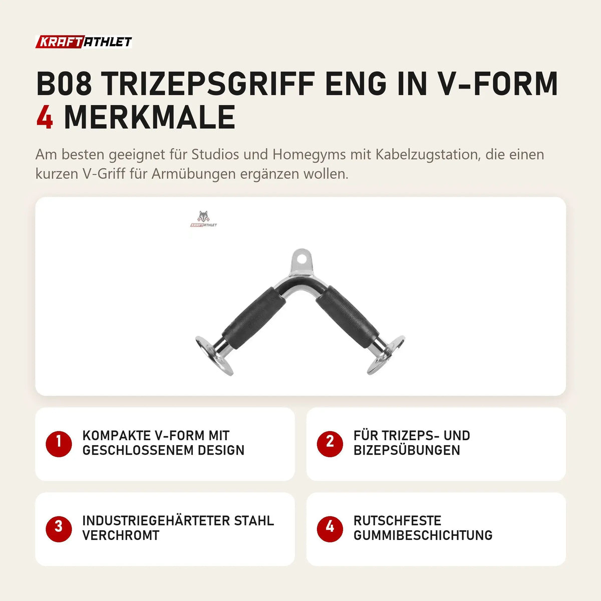 Titanium Strength B08 Trizepsgriff eng in V-Form mit 4 Merkmalen: Kompakte V-Form mit geschlossenem Design, Für Trizeps- und Bizepsübungen, Industriegehärteter Stahl verchromt, Rutschfeste Gummibeschichtung