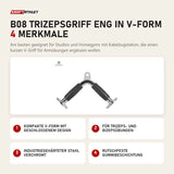 Titanium Strength B08 Trizepsgriff eng in V-Form mit 4 Merkmalen: Kompakte V-Form mit geschlossenem Design, Für Trizeps- und Bizepsübungen, Industriegehärteter Stahl verchromt, Rutschfeste Gummibeschichtung