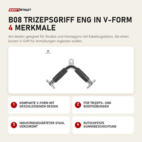 Titanium Strength B08 Trizepsgriff eng in V-Form mit 4 Merkmalen: Kompakte V-Form mit geschlossenem Design, Für Trizeps- und Bizepsübungen, Industriegehärteter Stahl verchromt, Rutschfeste Gummibeschichtung