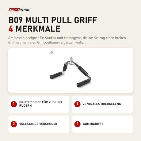 Titanium Strength B09 Multi Pull Griff mit 4 Merkmalen: Breiter Griff für Zug und Rudern, Zentrales Drehgelenk, Vollstange verchromt, Gummigriffe