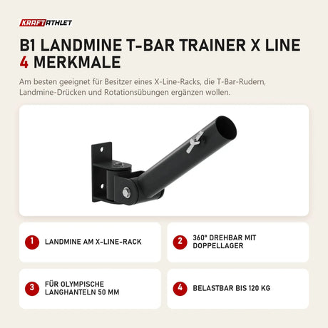 Titanium Strength B1 Landmine T-Bar Trainer X Line mit 4 Merkmalen: Landmine am X-Line-Rack, 360° drehbar mit Doppellager, Für olympische Langhanteln 50 mm, Belastbar bis 120 kg