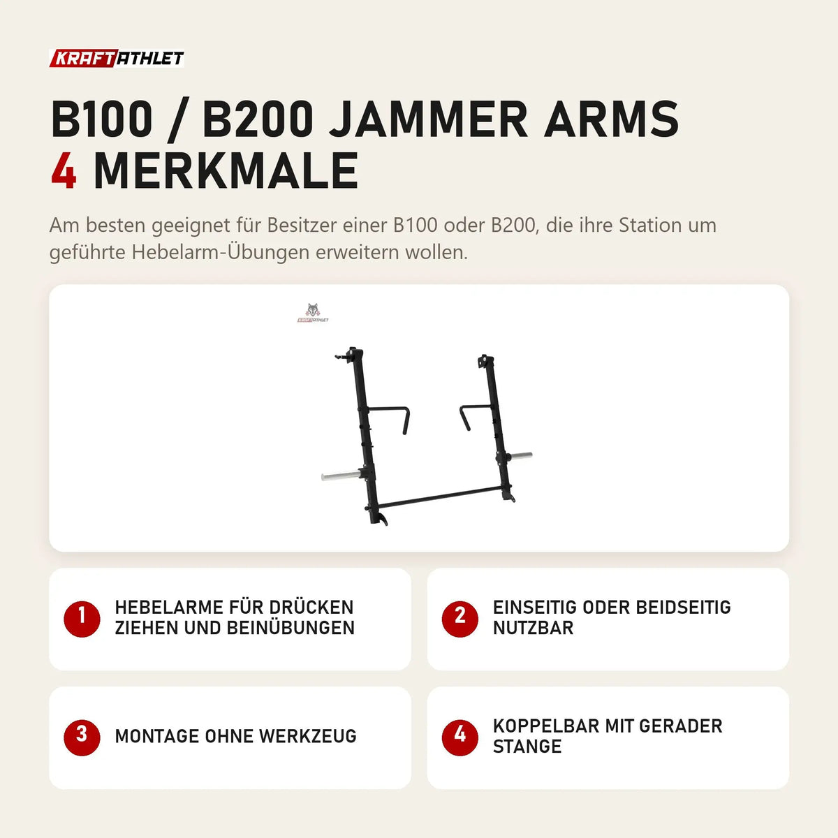 Titanium Strength B100 / B200 Jammer Arms mit 4 Merkmalen: Hebelarme für Drücken Ziehen und Beinübungen, Einseitig oder beidseitig nutzbar, Montage ohne Werkzeug, Koppelbar mit gerader Stange