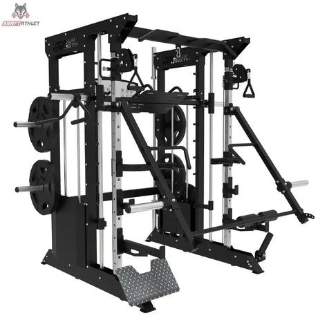 Titanium Strength B100 / B200 Jammer Arms am Kraftstation-Rack montiert, Schrägansicht von links mit Hantelscheiben