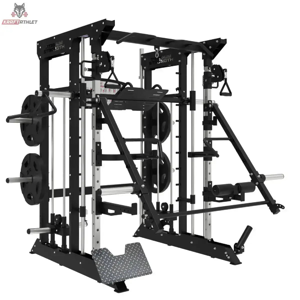Titanium Strength B100 / B200 Jammer Arms am Kraftstation-Rack montiert, zweite Schrägansicht mit beladenen Armen