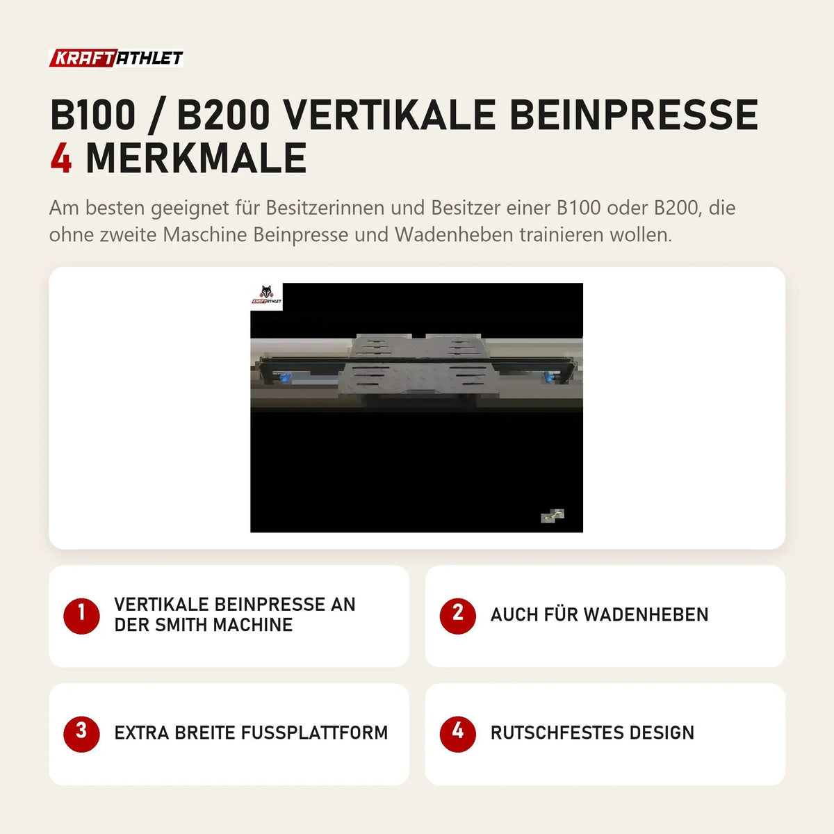 Titanium Strength B100 / B200 Vertikale Beinpresse mit 4 Merkmalen: Vertikale Beinpresse an der Smith Machine, Auch für Wadenheben, Extra breite Fußplattform, Rutschfestes Design
