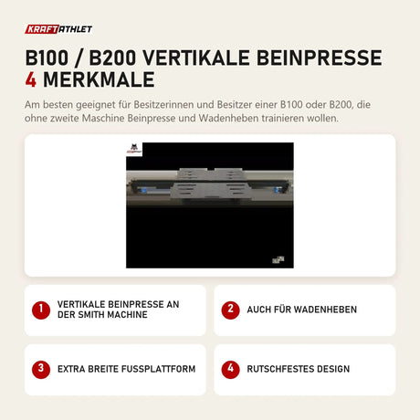 Titanium Strength B100 / B200 Vertikale Beinpresse mit 4 Merkmalen: Vertikale Beinpresse an der Smith Machine, Auch für Wadenheben, Extra breite Fußplattform, Rutschfestes Design
