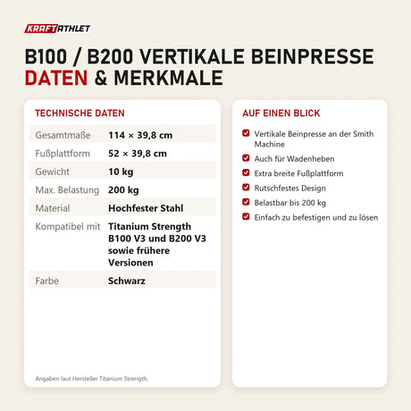 Technische Daten und Merkmale von Titanium Strength B100 / B200 Vertikale Beinpresse als Tabelle