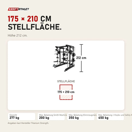 Maßbild Titanium Strength B100 V2 All-in-One Trainer: Stellfläche 175 × 210 cm, Höhe 212 cm