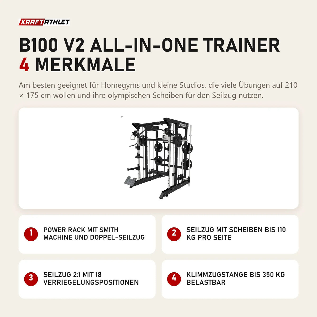 Titanium Strength B100 V2 All-in-One Trainer mit 4 Merkmalen: Power Rack mit Smith Machine und Doppel-Seilzug, Seilzug mit Scheiben bis 110 kg pro Seite, Seilzug 2:1 mit 18 Verriegelungspositionen, Klimmzugstange bis 350 kg belastbar
