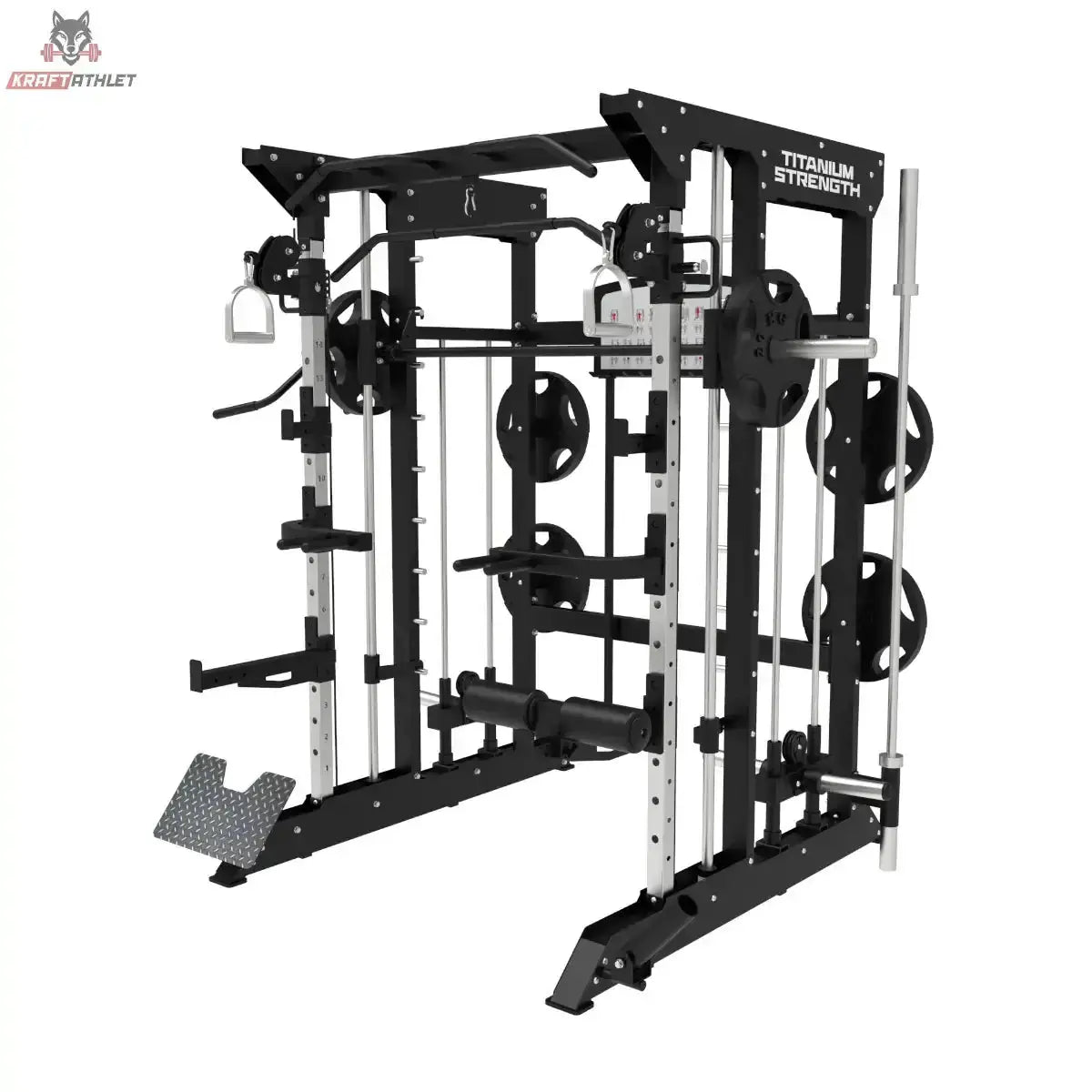 Titanium Strength B100 V2 All-in-One Trainer – Schrägansicht mit Multipresse, Seilzügen und Scheibenhaltern