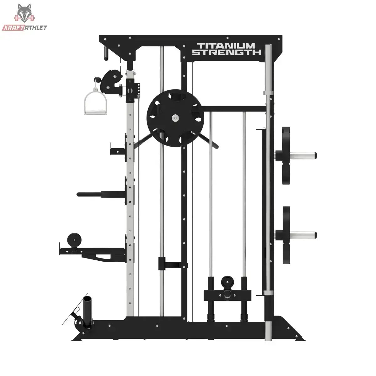 Titanium Strength B100 V2 All-in-One Trainer – Frontansicht mit Seilzugrollen und Scheibenaufnahmen