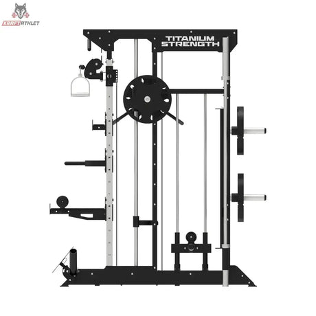 Titanium Strength B100 V2 All-in-One Trainer – Frontansicht mit Seilzugrollen und Scheibenaufnahmen