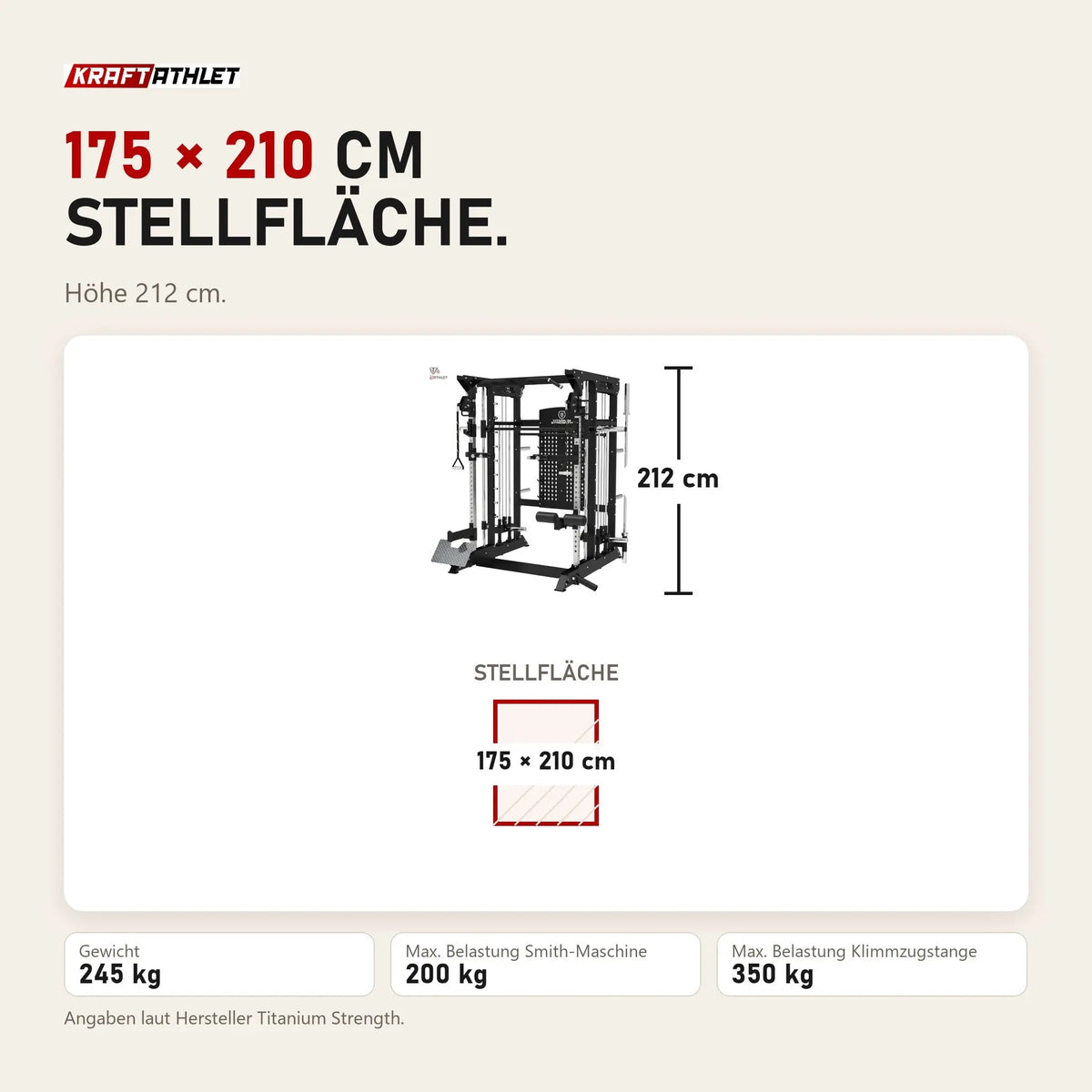 Maßbild Titanium Strength B100 V4 Kraftstation: Stellfläche 175 × 210 cm, Höhe 212 cm