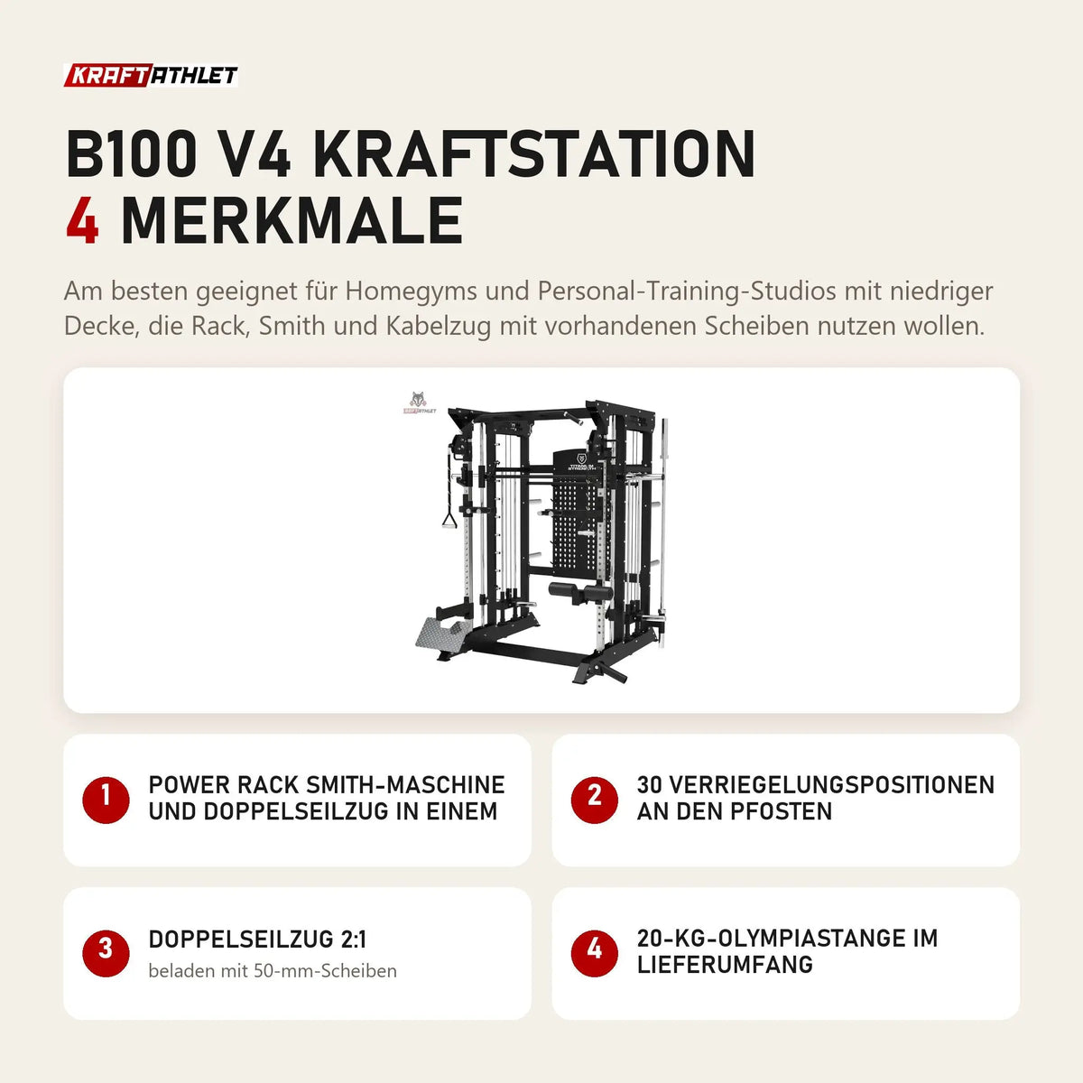 Titanium Strength B100 V4 Kraftstation mit 4 Merkmalen: Power Rack Smith-Maschine und Doppelseilzug in einem, 30 Verriegelungspositionen an den Pfosten, Doppelseilzug 2:1, 20-kg-Olympiastange im Lieferumfang