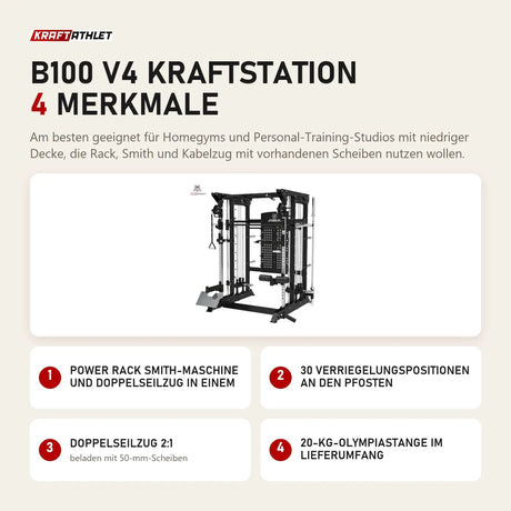 Titanium Strength B100 V4 Kraftstation mit 4 Merkmalen: Power Rack Smith-Maschine und Doppelseilzug in einem, 30 Verriegelungspositionen an den Pfosten, Doppelseilzug 2:1, 20-kg-Olympiastange im Lieferumfang