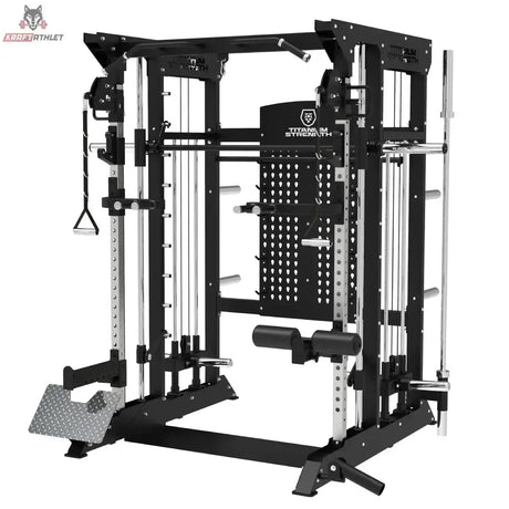 Titanium Strength B100 V4 Kraftstation: Schrägansicht von links mit Multipresse und Seilzügen