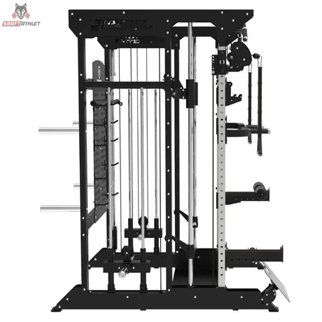 Titanium Strength B100 V4 Kraftstation: Seitenansicht mit Führungsstangen und Seilzugturm