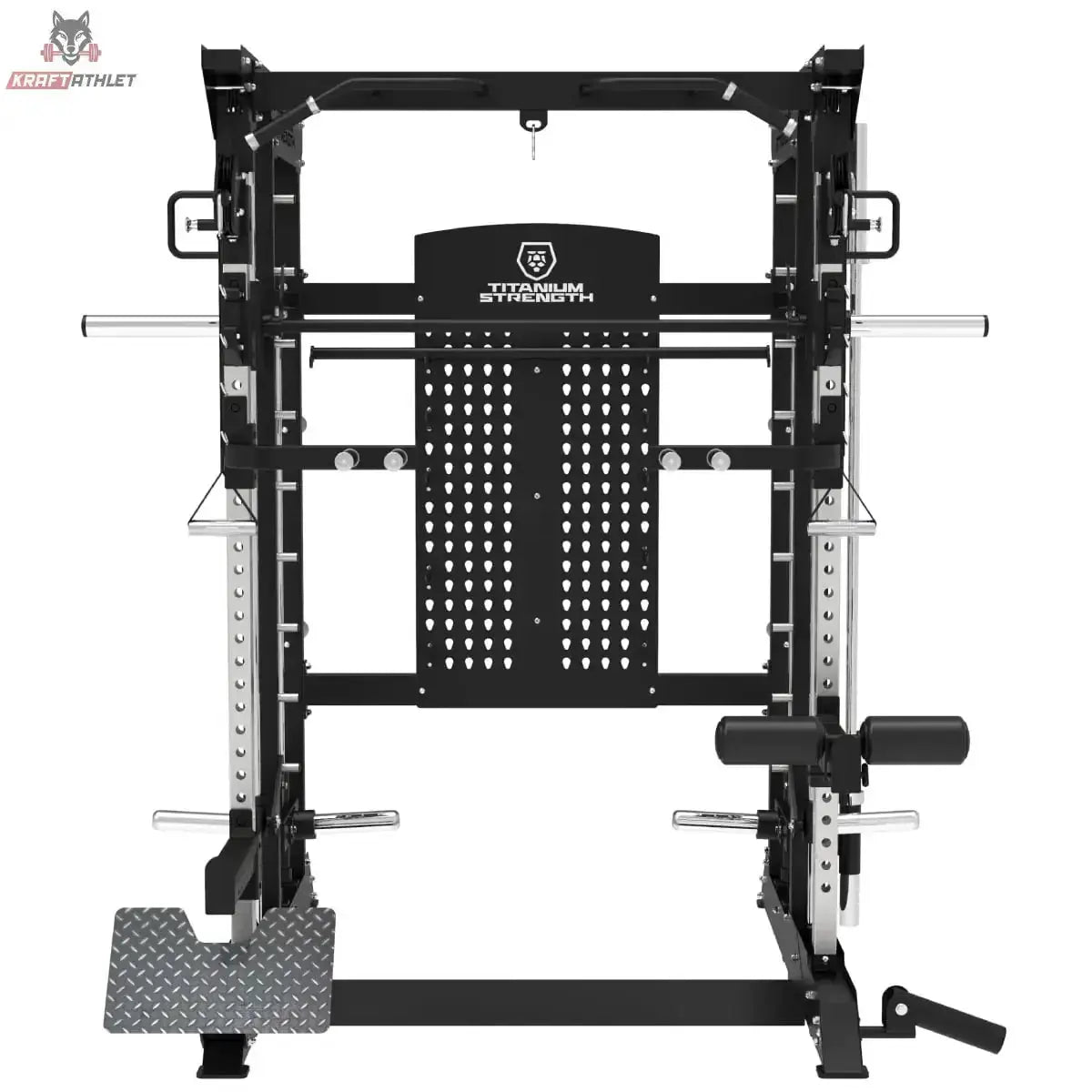 Titanium Strength B100 V4 Kraftstation: Vorderansicht mit Gewichtsverkleidung und Hantelablagen