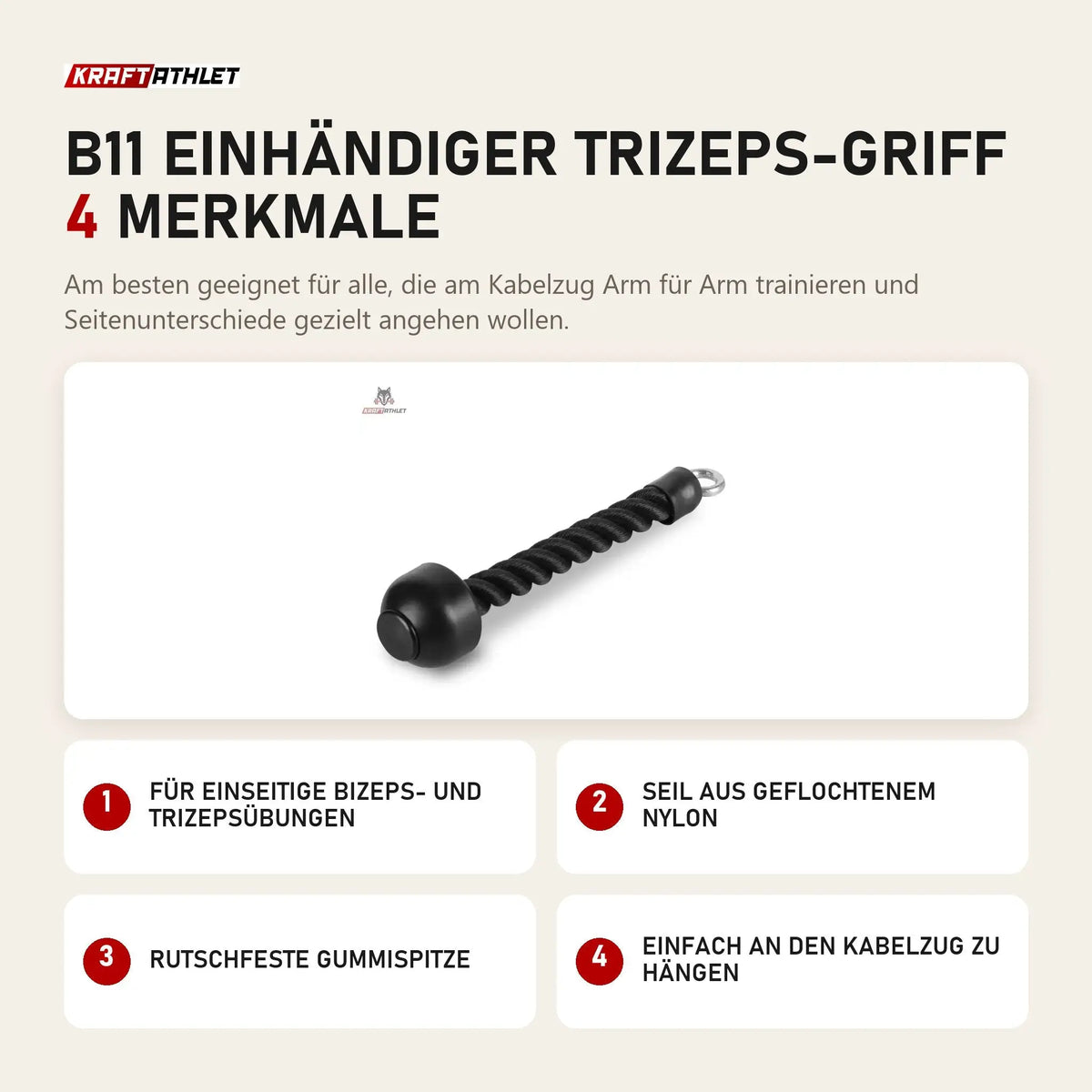 Titanium Strength B11 Einhändiger Trizeps-Griff mit 4 Merkmalen: Für einseitige Bizeps- und Trizepsübungen, Seil aus geflochtenem Nylon, Rutschfeste Gummispitze, Einfach an den Kabelzug zu hängen