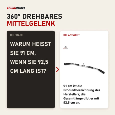 Frage und Antwort zu Titanium Strength B13 Latzugstange Lat Bar 91 cm: Warum heißt sie 91 cm, wenn sie 92,5 cm lang ist?