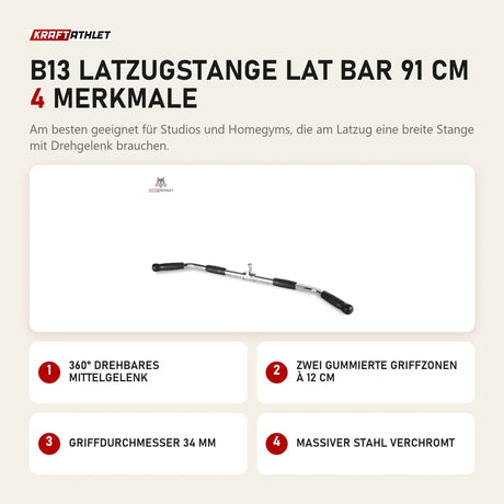 Titanium Strength B13 Latzugstange Lat Bar 91 cm mit 4 Merkmalen: 360° drehbares Mittelgelenk, Zwei gummierte Griffzonen à 12 cm, Griffdurchmesser 34 mm, Massiver Stahl verchromt