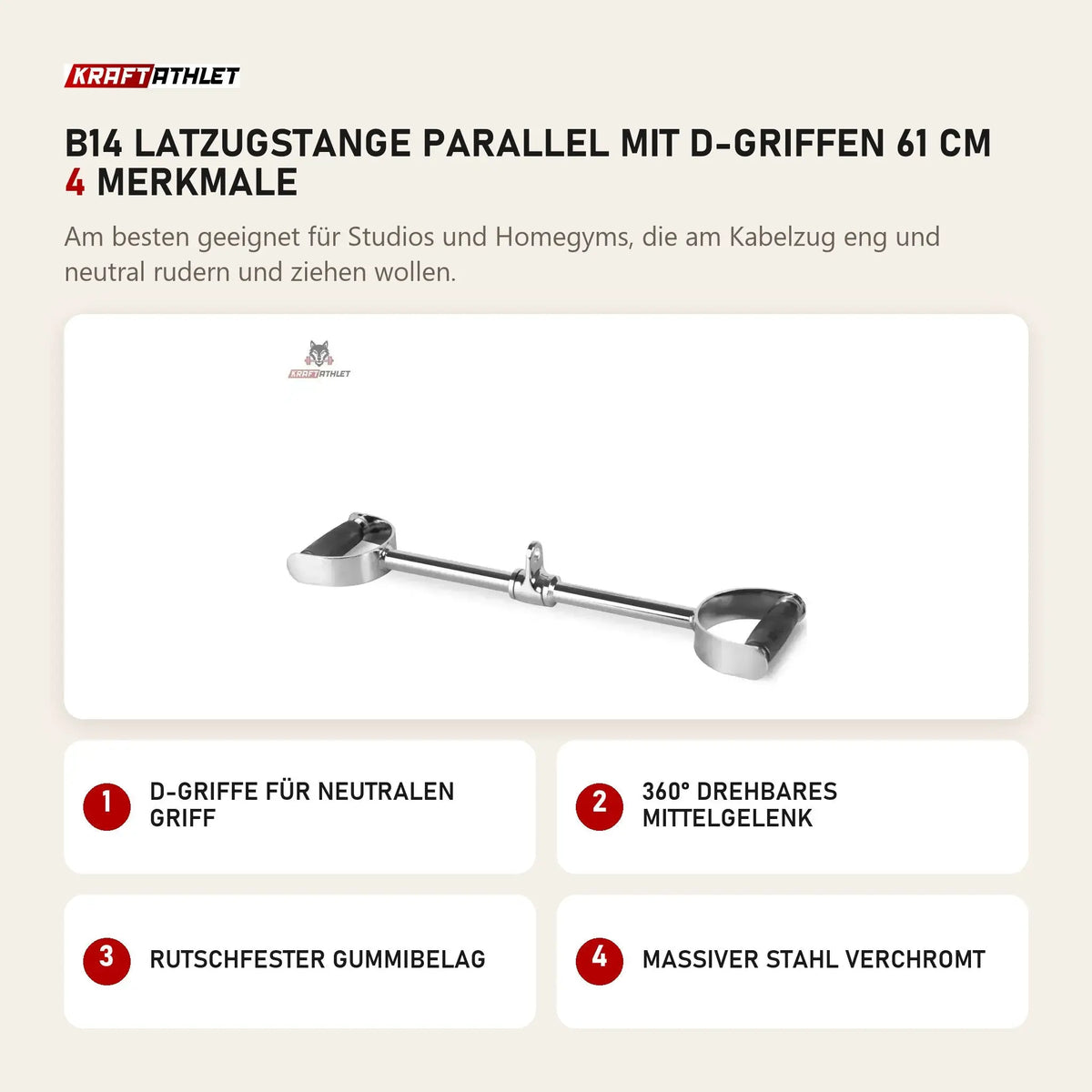 Titanium Strength B14 Latzugstange parallel mit D-Griffen 61 cm mit 4 Merkmalen: D-Griffe für neutralen Griff, 360° drehbares Mittelgelenk, Rutschfester Gummibelag, Massiver Stahl verchromt