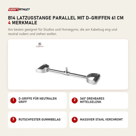 Titanium Strength B14 Latzugstange parallel mit D-Griffen 61 cm mit 4 Merkmalen: D-Griffe für neutralen Griff, 360° drehbares Mittelgelenk, Rutschfester Gummibelag, Massiver Stahl verchromt