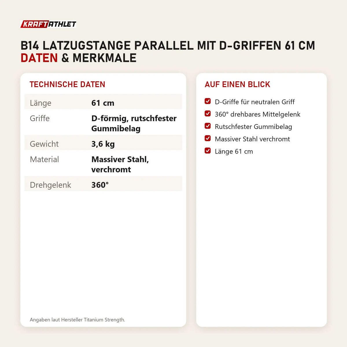 Technische Daten und Merkmale von Titanium Strength B14 Latzugstange parallel mit D-Griffen 61 cm als Tabelle