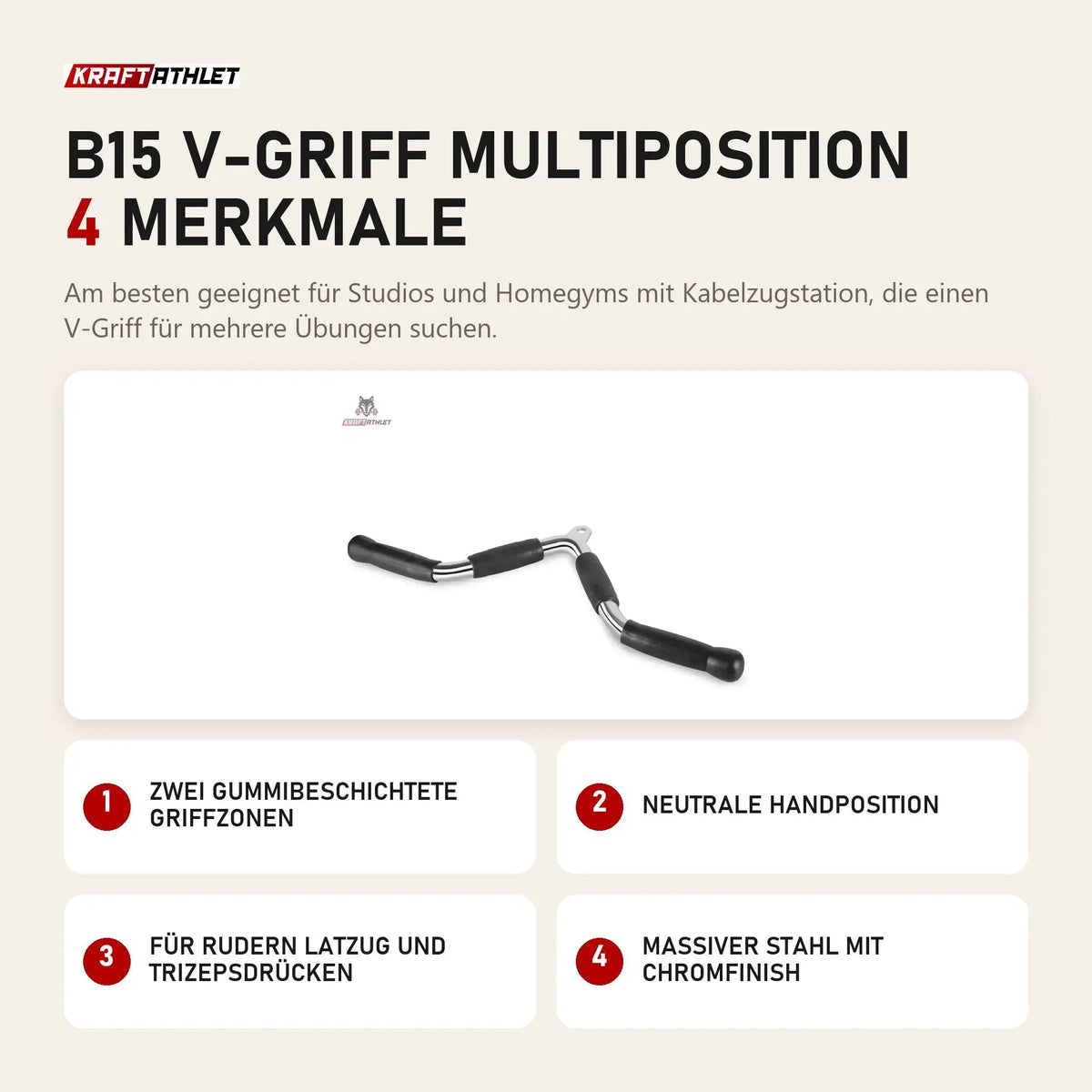 Titanium Strength B15 V-Griff Multiposition mit 4 Merkmalen: Zwei gummibeschichtete Griffzonen, Neutrale Handposition, Für Rudern Latzug und Trizepsdrücken, Massiver Stahl mit Chromfinish