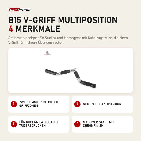 Titanium Strength B15 V-Griff Multiposition mit 4 Merkmalen: Zwei gummibeschichtete Griffzonen, Neutrale Handposition, Für Rudern Latzug und Trizepsdrücken, Massiver Stahl mit Chromfinish