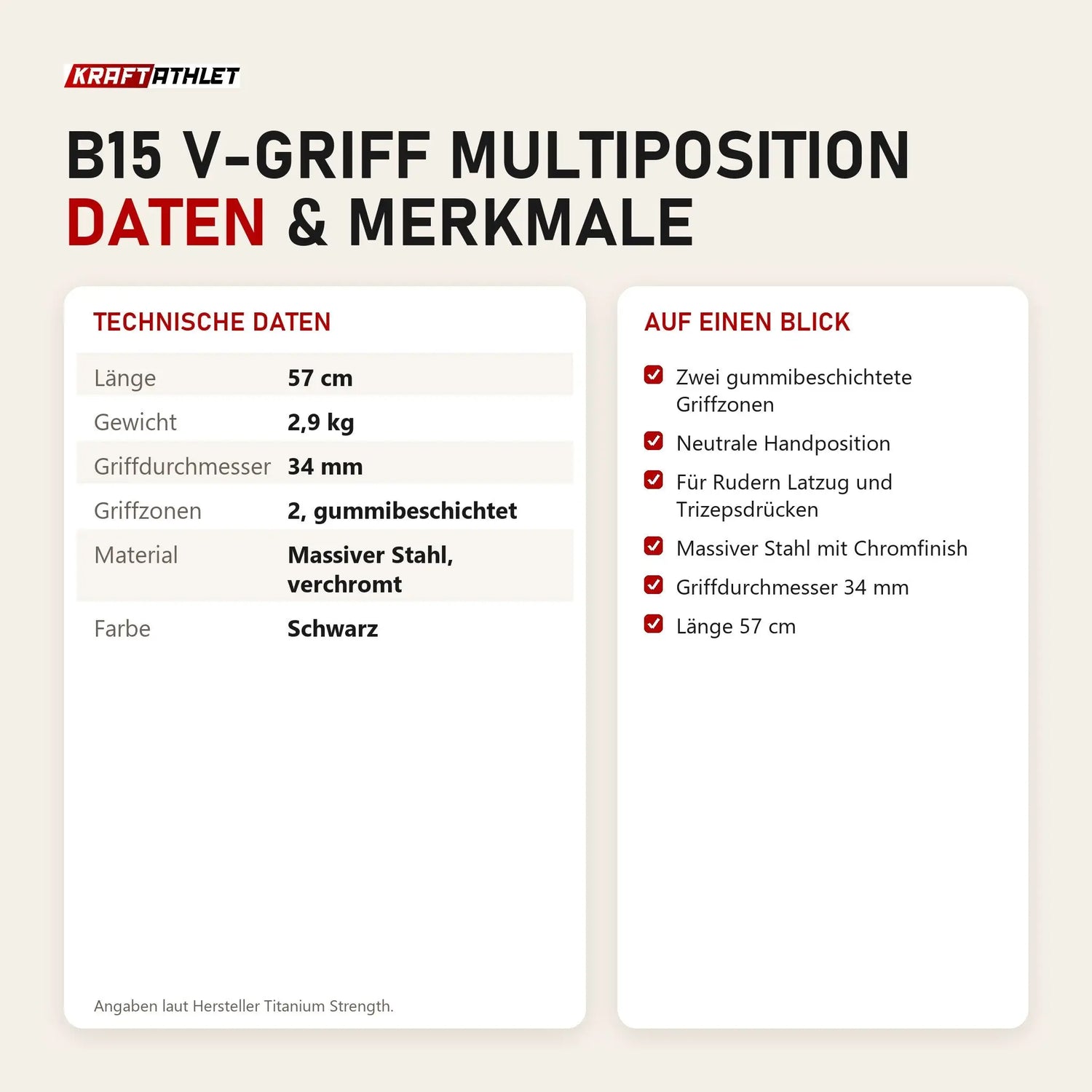 Technische Daten und Merkmale von Titanium Strength B15 V-Griff Multiposition als Tabelle