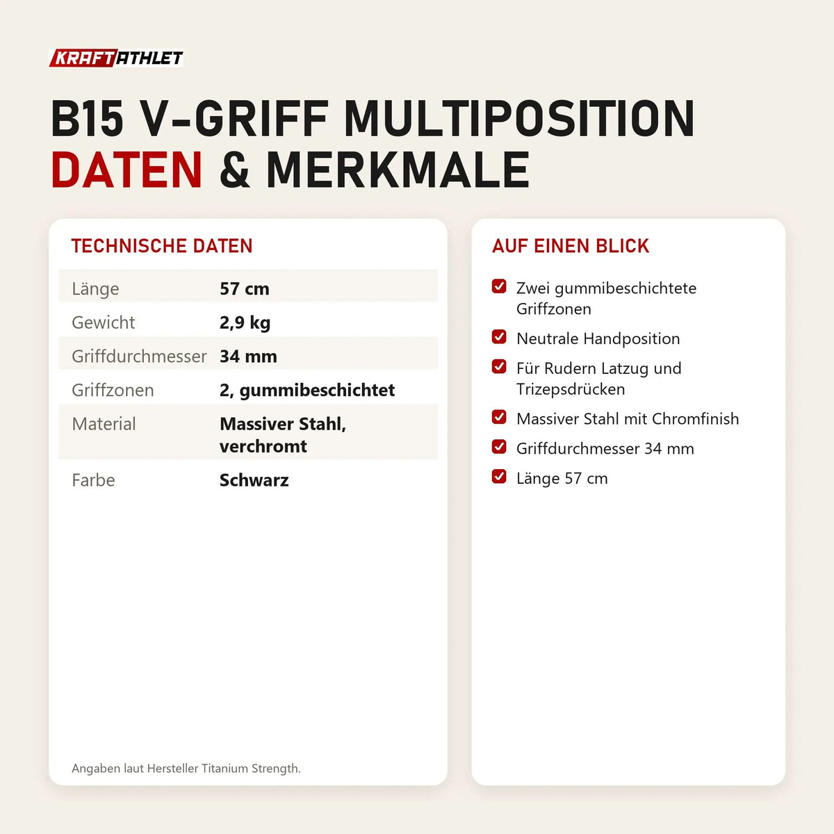 Technische Daten und Merkmale von Titanium Strength B15 V-Griff Multiposition als Tabelle