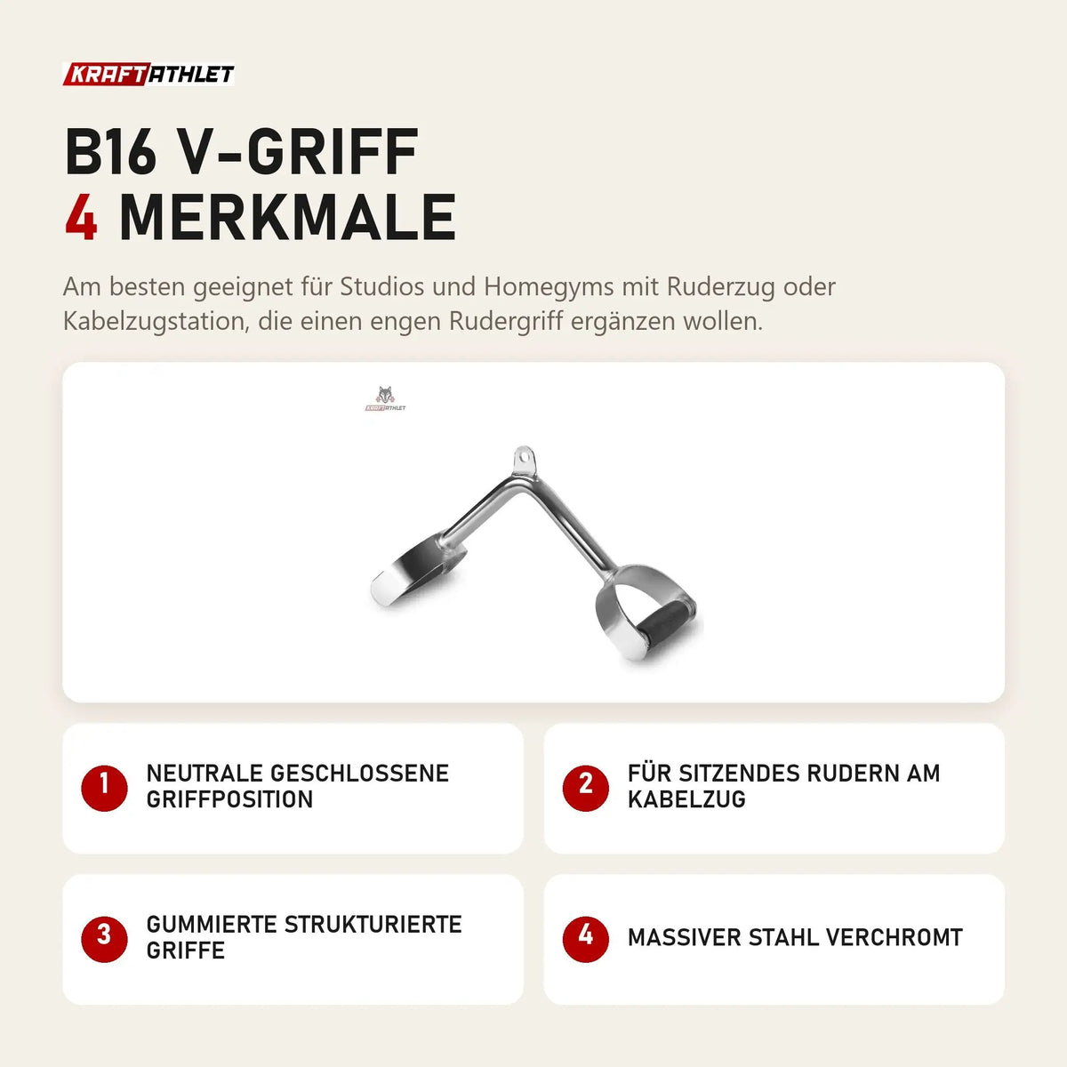 Titanium Strength B16 V-Griff mit 4 Merkmalen: Neutrale geschlossene Griffposition, Für sitzendes Rudern am Kabelzug, Gummierte strukturierte Griffe, Massiver Stahl verchromt