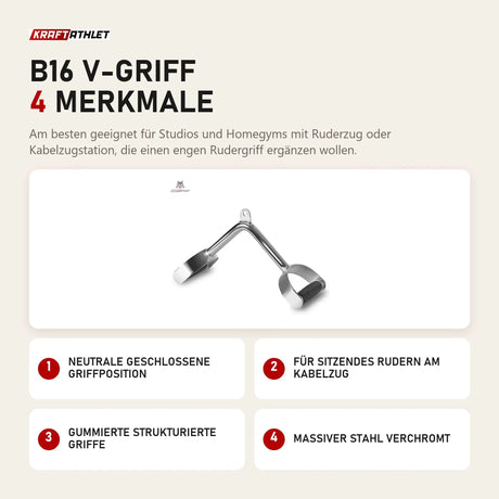 Titanium Strength B16 V-Griff mit 4 Merkmalen: Neutrale geschlossene Griffposition, Für sitzendes Rudern am Kabelzug, Gummierte strukturierte Griffe, Massiver Stahl verchromt
