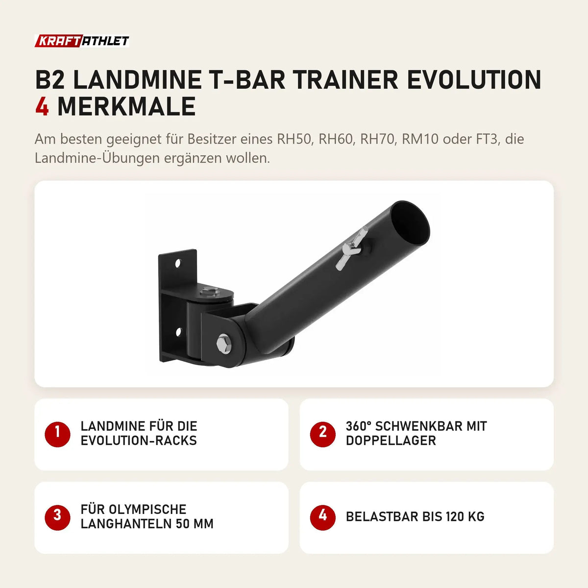 Titanium Strength B2 Landmine T-Bar Trainer Evolution mit 4 Merkmalen: Landmine für die Evolution-Racks, 360° schwenkbar mit Doppellager, Für olympische Langhanteln 50 mm, Belastbar bis 120 kg