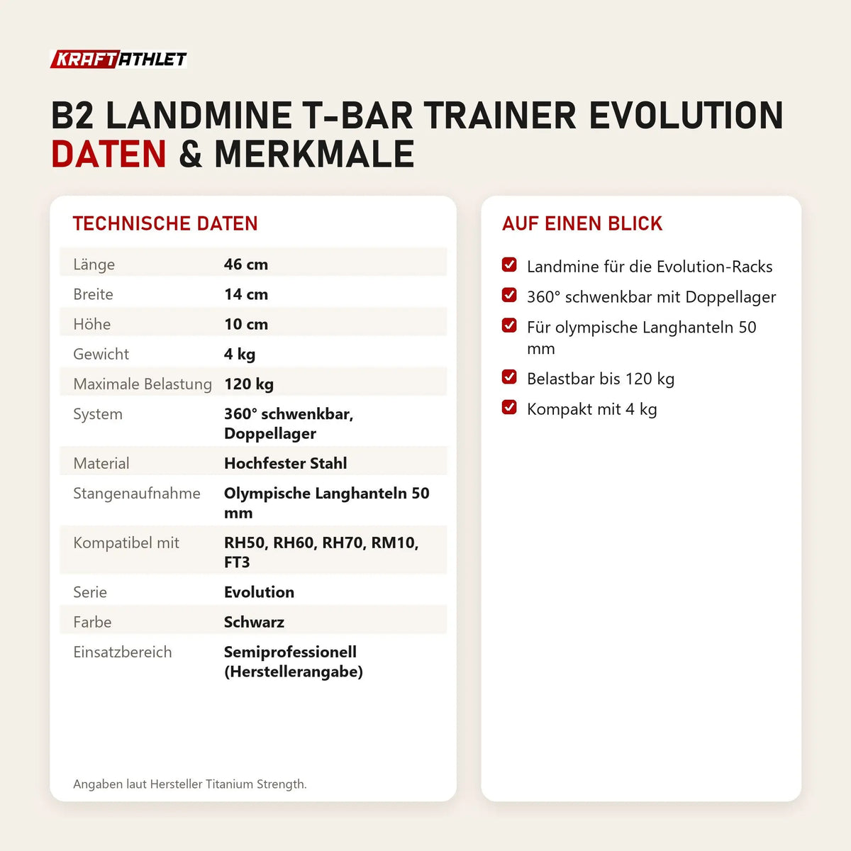 Technische Daten und Merkmale von Titanium Strength B2 Landmine T-Bar Trainer Evolution als Tabelle
