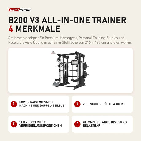 Titanium Strength B200 V3 All-in-One Trainer mit 4 Merkmalen: Power Rack mit Smith Machine und Doppel-Seilzug, 2 Gewichtsblöcke à 100 kg, Seilzug 2:1 mit 18 Verriegelungspositionen, Klimmzugstange bis 350 kg belastbar