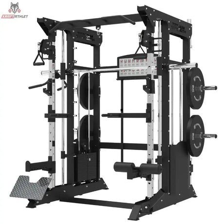Titanium Strength B200 V3 All-in-One Trainer in Schrägansicht mit Gewichtsscheiben und Beinstütze