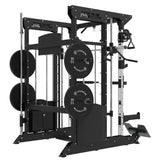 Titanium Strength B200 V3 All-in-One Trainer in Seitenansicht mit Hantelscheiben am Rahmen