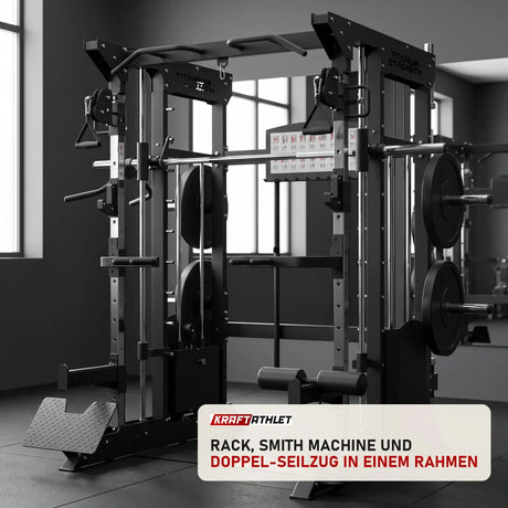 Titanium Strength B200 V3 All-in-One Trainer in einem fertig eingerichteten Studio mit dunklen Wänden und Gummiboden