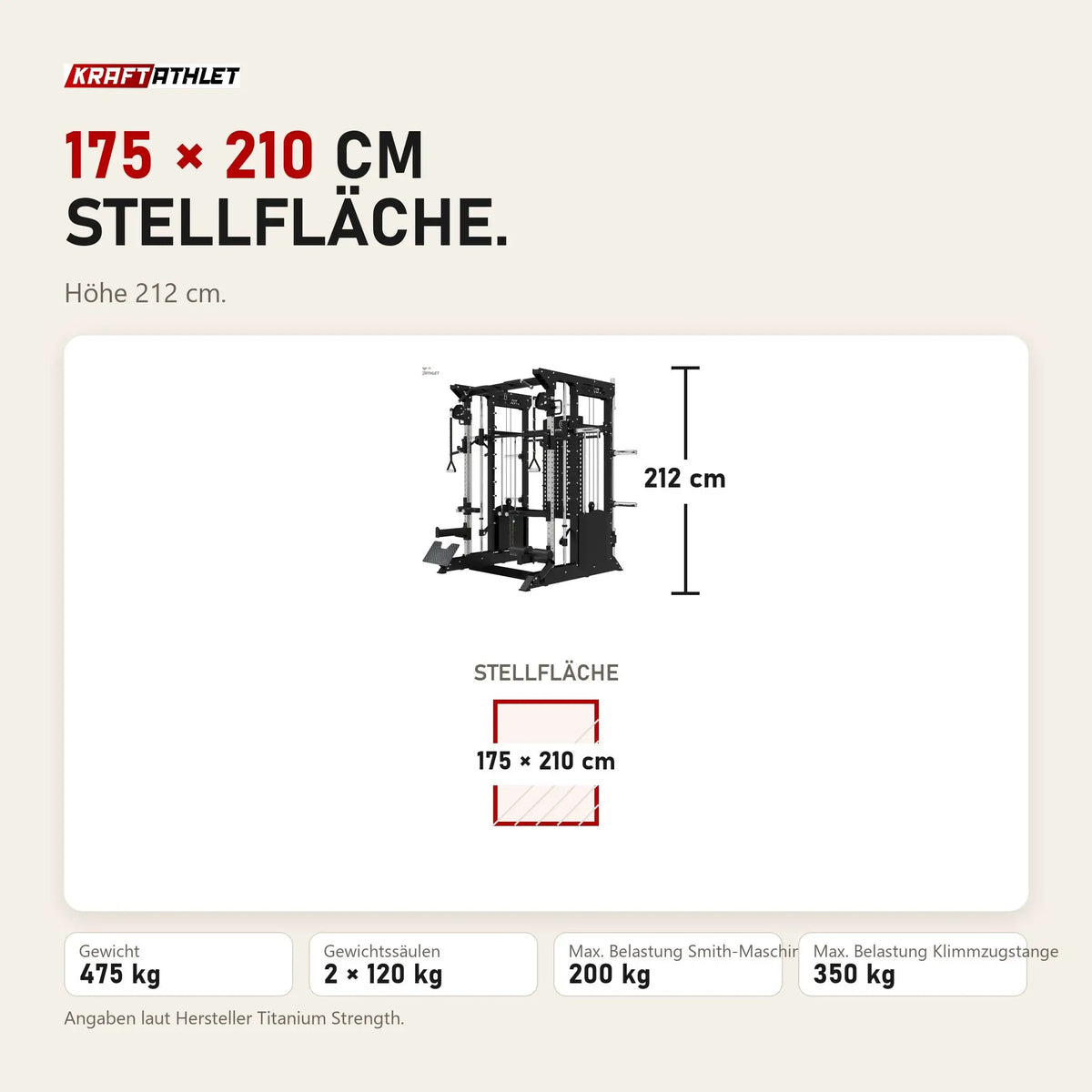 Maßbild Titanium Strength B200 V4 Kraftstation: Stellfläche 175 × 210 cm, Höhe 212 cm
