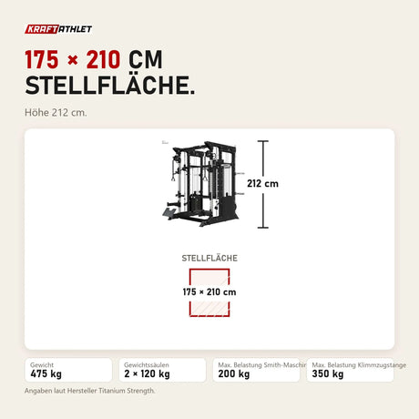 Maßbild Titanium Strength B200 V4 Kraftstation: Stellfläche 175 × 210 cm, Höhe 212 cm