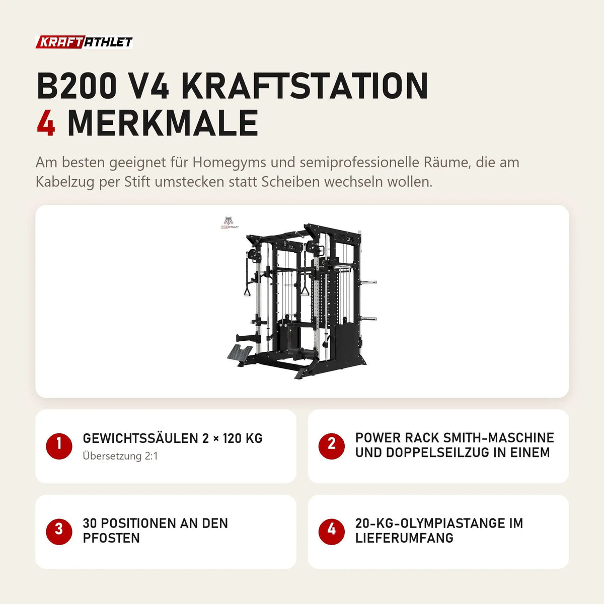 Titanium Strength B200 V4 Kraftstation mit 4 Merkmalen: Gewichtssäulen 2 × 120 kg, Power Rack Smith-Maschine und Doppelseilzug in einem, 30 Positionen an den Pfosten, 20-kg-Olympiastange im Lieferumfang